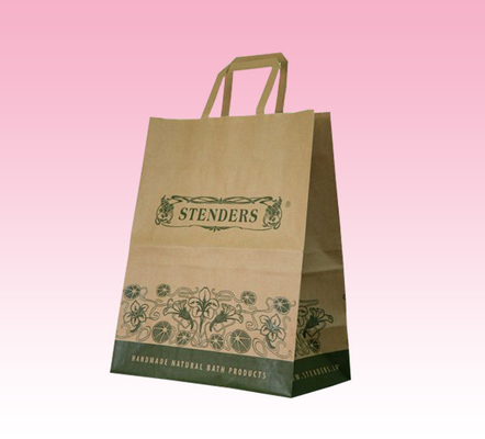 custom OEM brown kraft paper shopping bag printing with flat paper handle factory