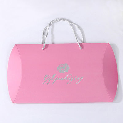 Custom Printed Paper Pillow Boxes With Handle Rope – Luxury Gift Packaging With Silver Foil Logo