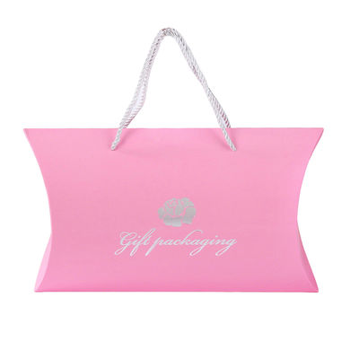 Custom Printed Paper Pillow Boxes With Handle Rope – Luxury Gift Packaging With Silver Foil Logo