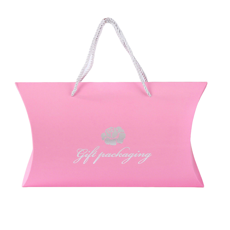 Custom Printed Paper Pillow Boxes With Handle Rope – Luxury Gift Packaging With Silver Foil Logo