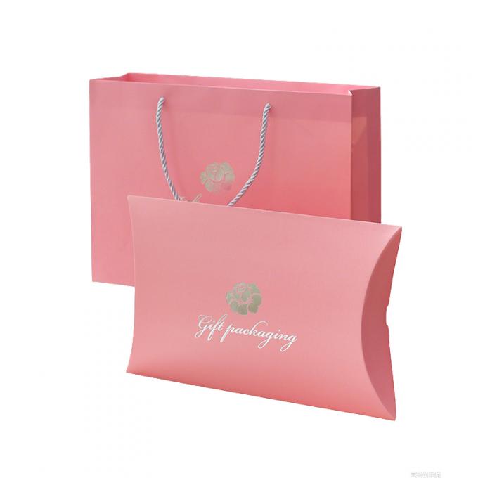 Custom Printed Paper Pillow Boxes With Handle Rope – Luxury Gift Packaging With Silver Foil Logo 1